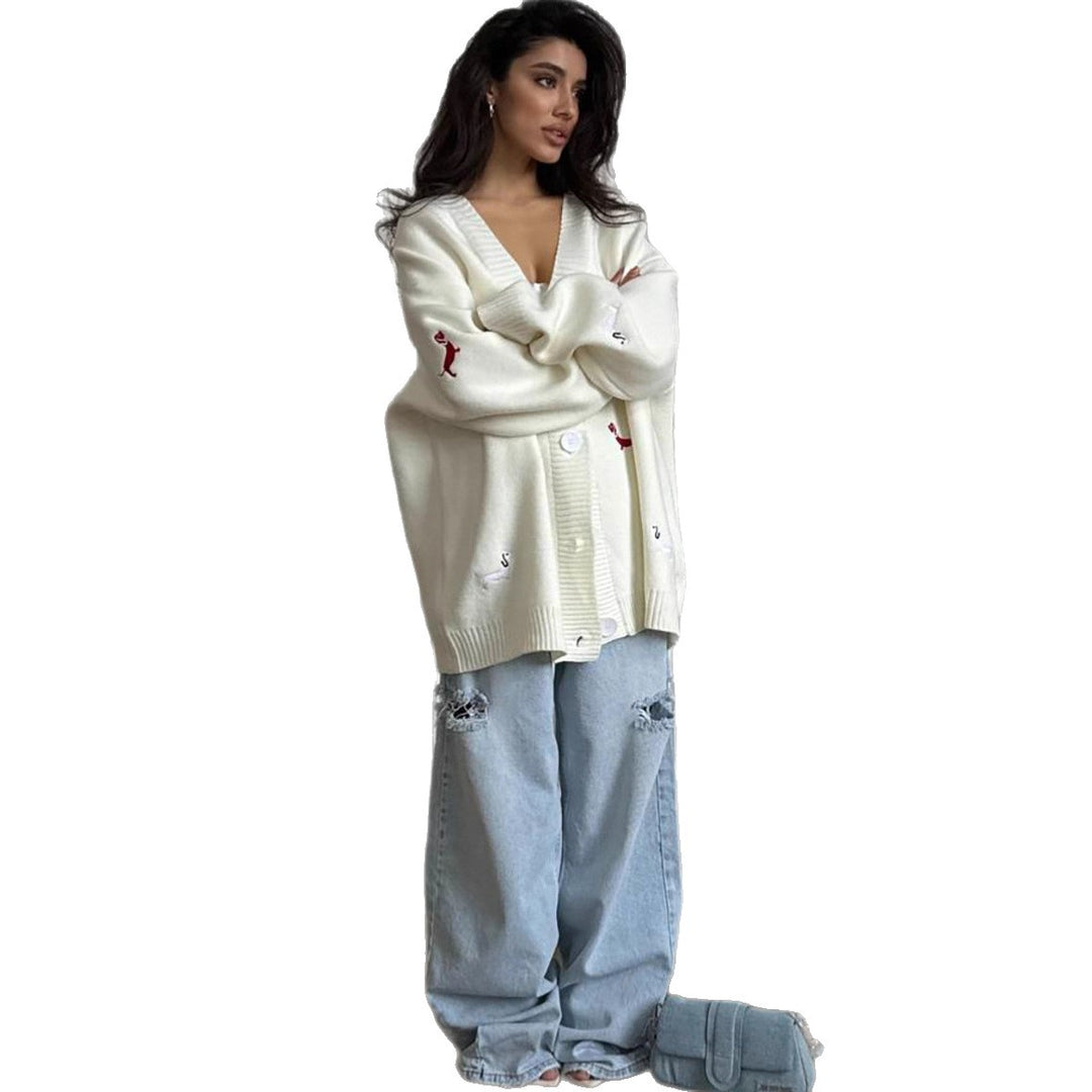 Damen Oversized Strickcardigan mit gestickten Dackelmotiven – Veloura
