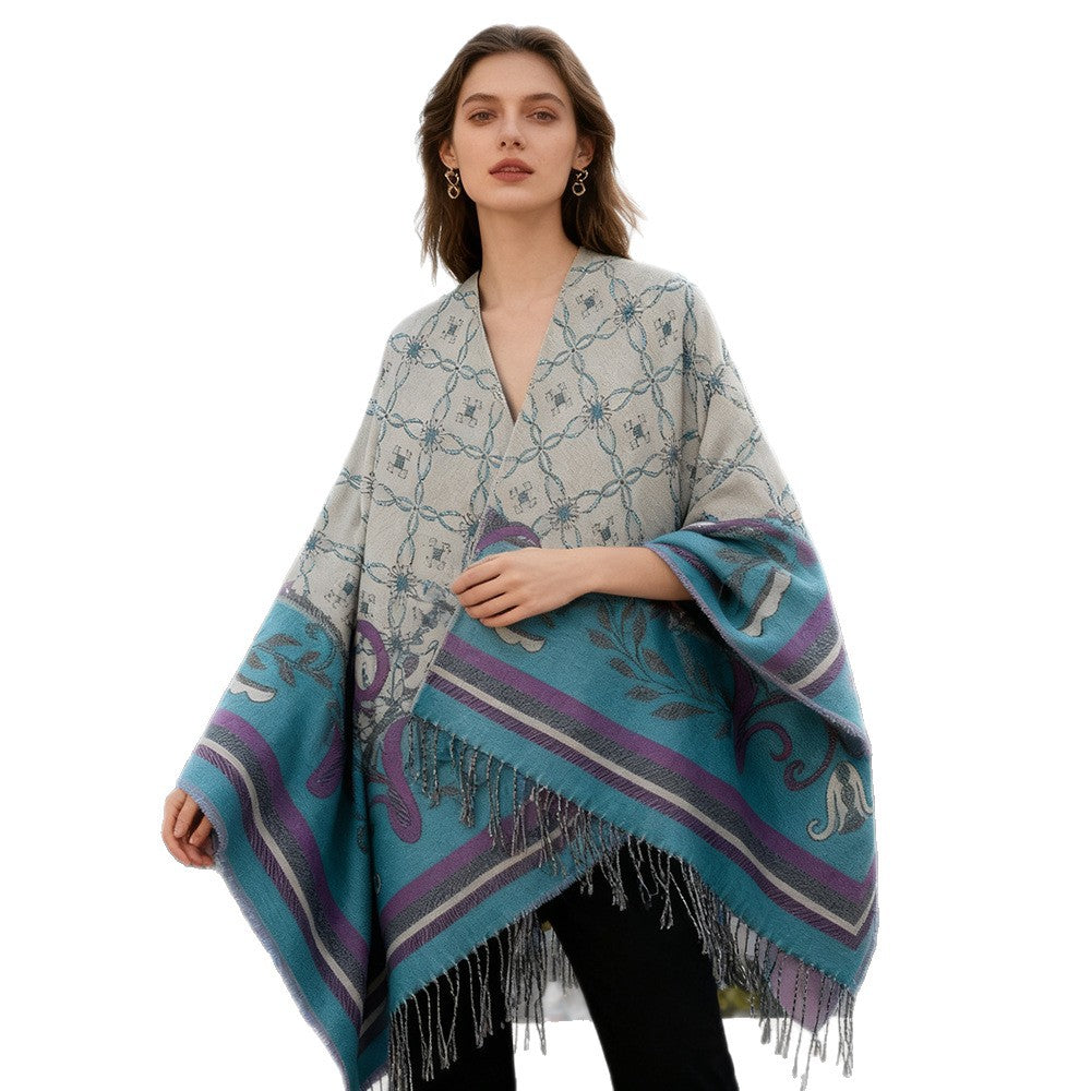 Damen Jacquard-Wendecape mit V-Ausschnitt, floraler Bordüre und Fransensaum – Célinea
