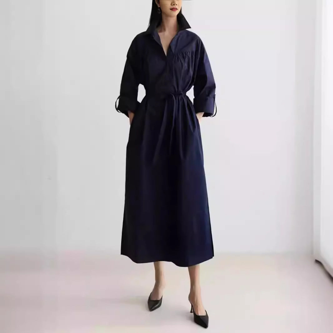 Damen Langärmliges Hemdblusen‑Maxikleid mit strukturierter Schulterpasse und Bindegürtel Echoarchiv