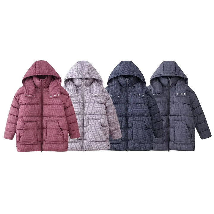 Damen gesteppte Kapuzenjacke mit grafischem Steppmuster, zweiwege Reißverschluss und oversized Taschen – Célinea