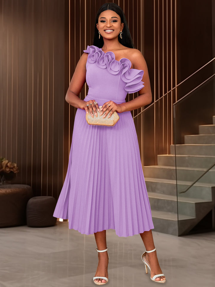 Damen Elegantes Midi-Kleid mit asymmetrischem Rüschen-Ausschnitt Echo Archiv