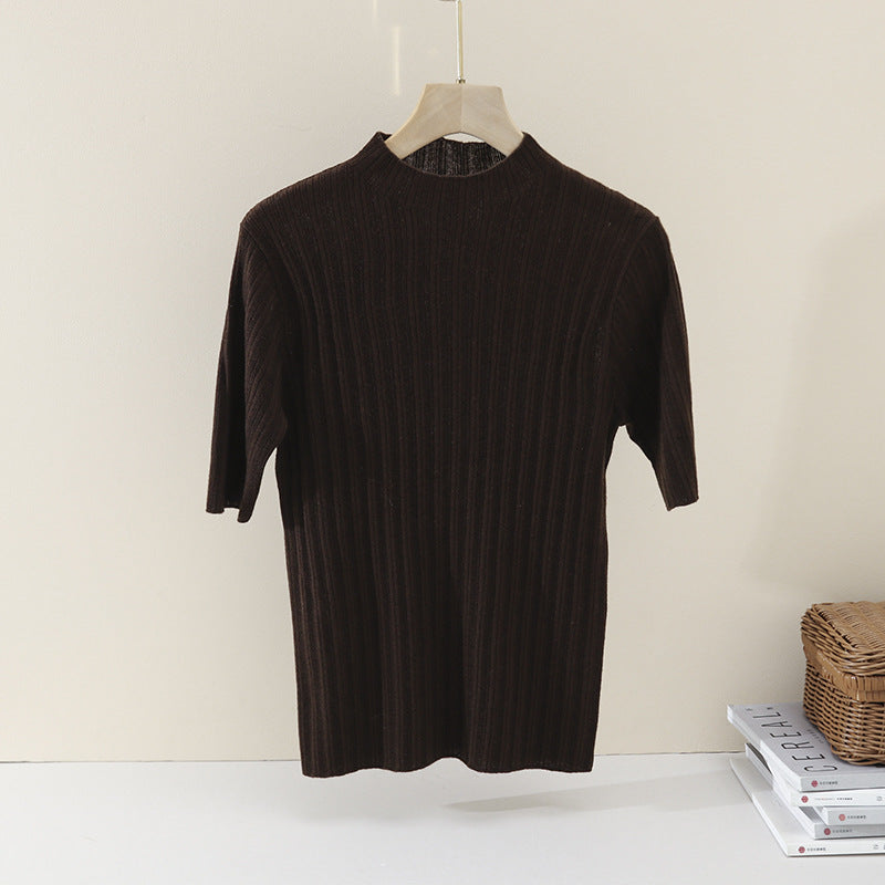 Damen Feines Geripptes Kurzarm-Feinstrickshirt mit Stehkragen Echo Archiv