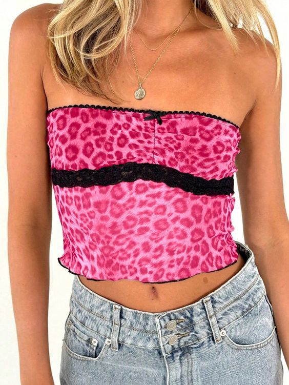 Damen Bandeau-Top mit trendigem Leopardenmuster und zarter Spitzenkante Echo Archiv