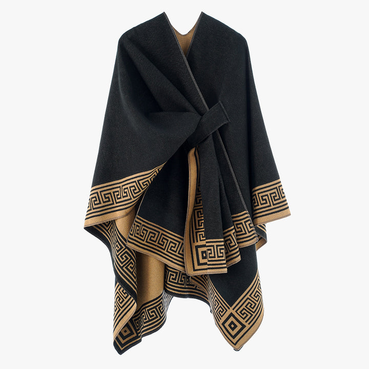 Damen Cape-Umhang aus Wollmix, reversibel mit Bindegürtel und Mäanderbordüre Echo Archiv