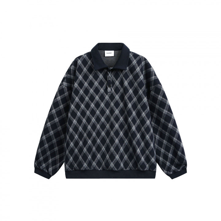 Unisex Oversize Polo-Halbzip-Pullover mit Argyle-Struktur Echo Archiv