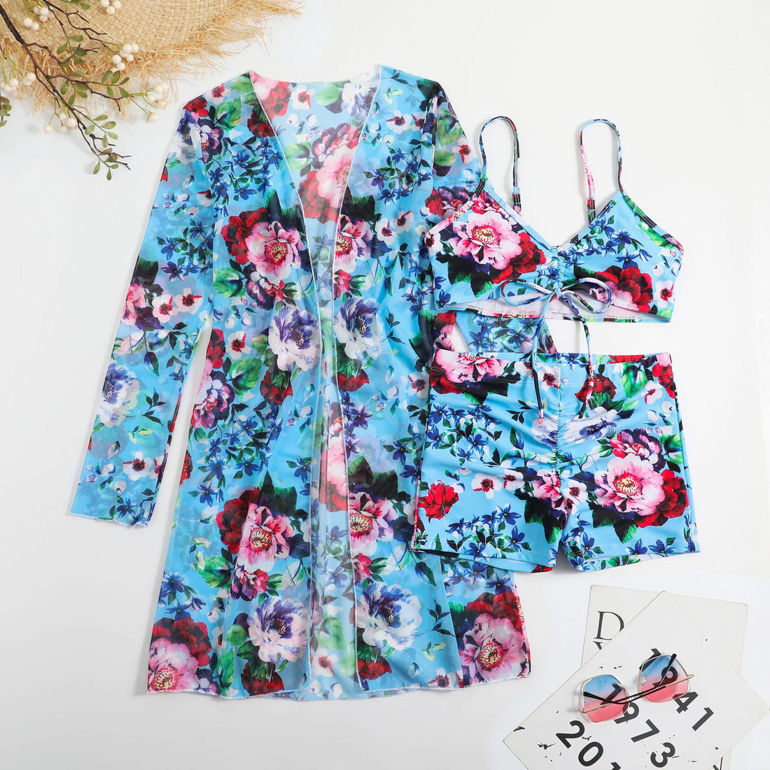 Damen Strandset mit floralem Kimono und Crop-Top – Élanora