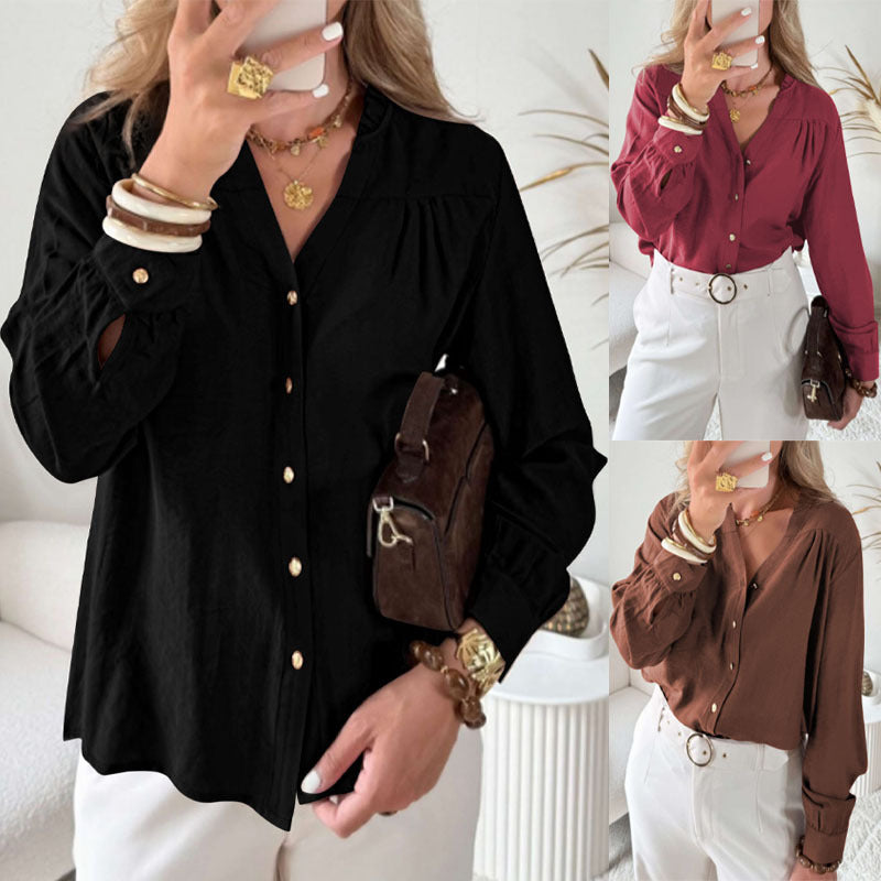 Damen Bluse mit V‑Ausschnitt, geraffter Schulterpasse und Ballonärmeln – Élovi