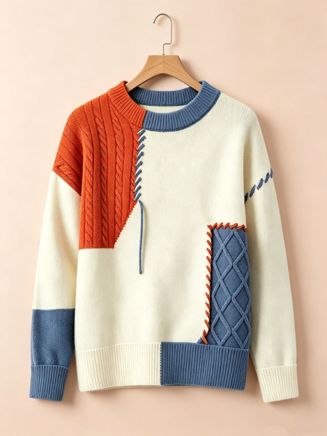 Damen Oversize Strickpullover im Patchwork‑Design mit Zopfmuster‑Einsätzen – Mavelle