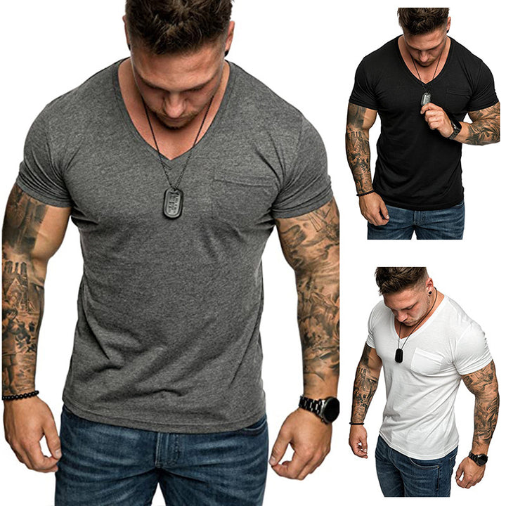 Herren V-Ausschnitt T-Shirt aus weicher Baumwolle mit Brusttasche Echoarchiv