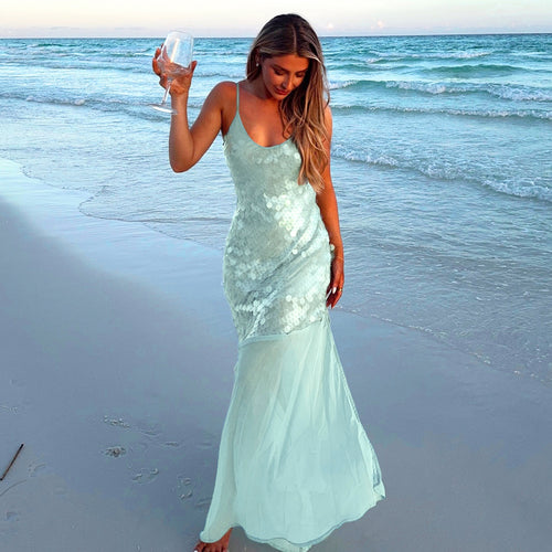 Damen schimmerndes ärmelloses Maxikleid mit funkelnden Pailletten Echo Archiv