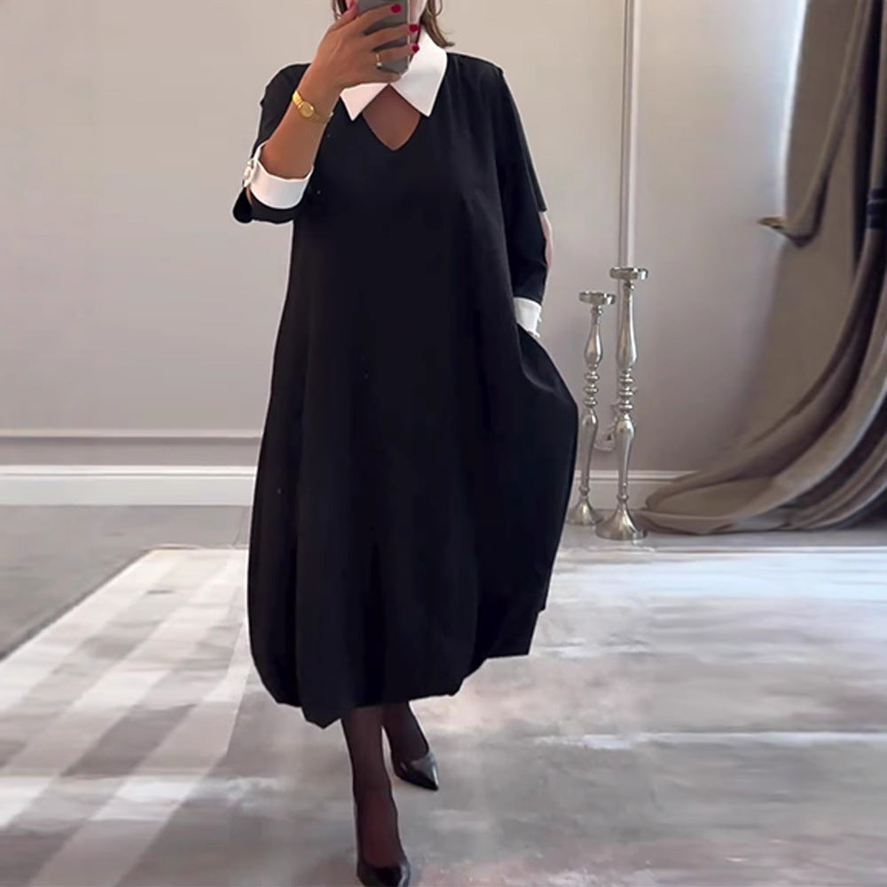 Damen nan kastiges Midikleid mit spitzem Kontrastkragen, Umschlagmanschetten, Eingrifftaschen und Ballon-Saum Echo Archiv