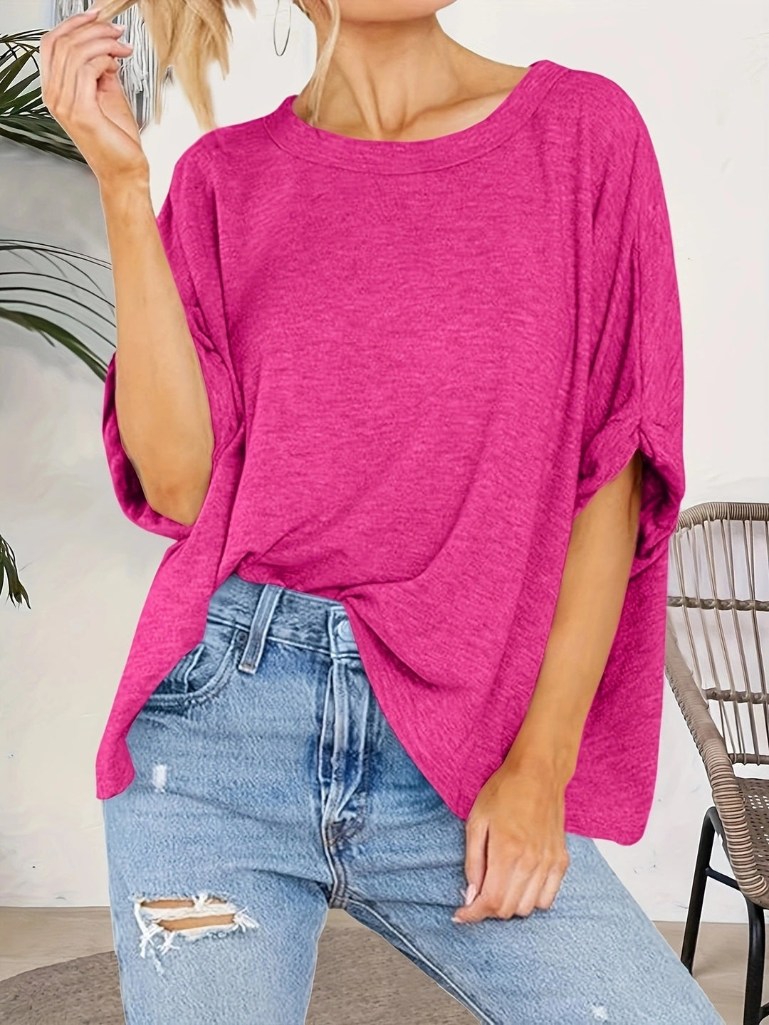 Damen Oversize-Longshirt mit weitem U-Boot-Ausschnitt und geknoteten Dreiviertelärmeln – Avérine