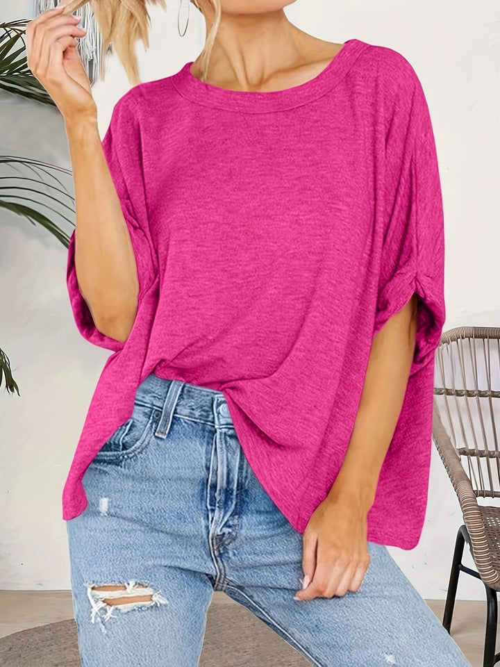 Damen Oversize-Longshirt mit weitem U-Boot-Ausschnitt und geknoteten Dreiviertelärmeln – Avérine