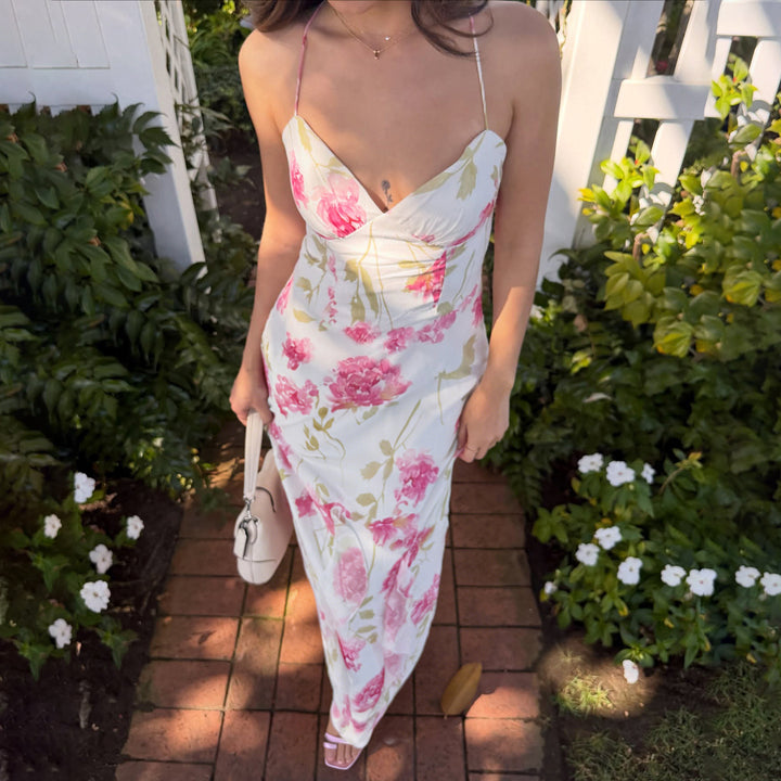 Damen elegantes Maxikleid mit zartem Blumenmuster und Spaghettiträgern Echo Archiv