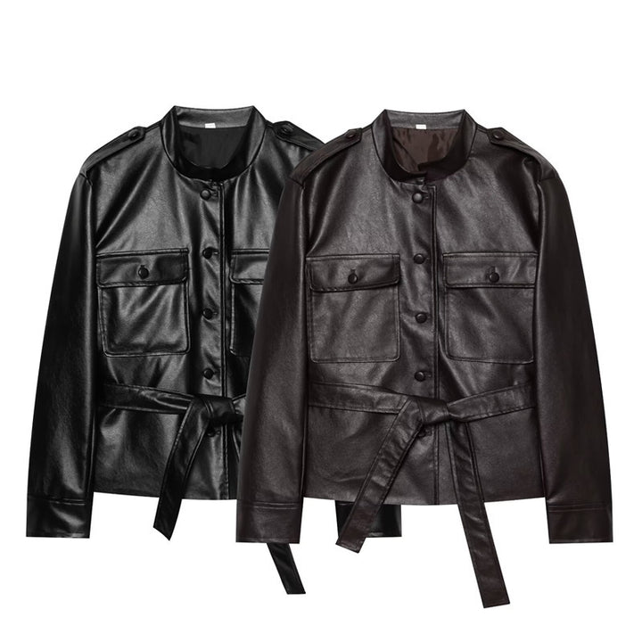 Damen Taillierter Kunstleder-Safari-Blouson mit Bindegürtel und Pattentaschen Echo Archiv