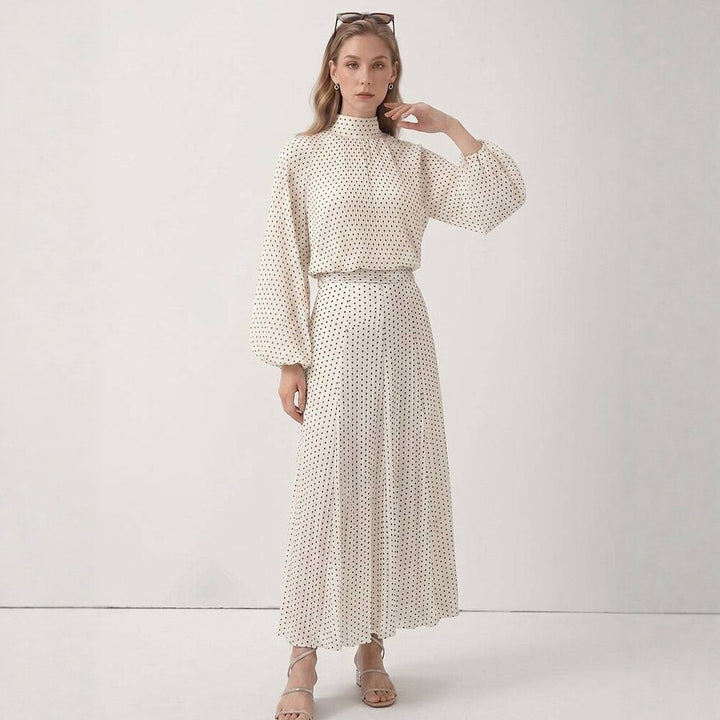 Damen Zweiteiliges Set aus leichtem Chiffon mit weitem Midirock und Ballonärmel-Bluse mit Schleifenkragen Echo Archiv