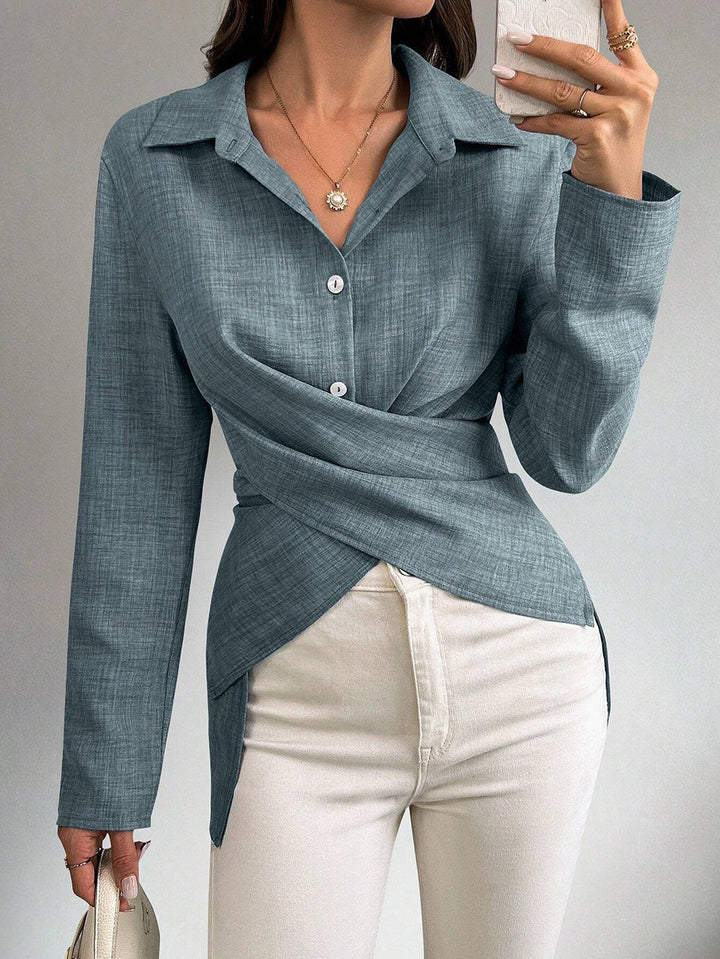 Damen Wickelbluse mit Hemdkragen und asymmetrischem Saum Echoarchiv