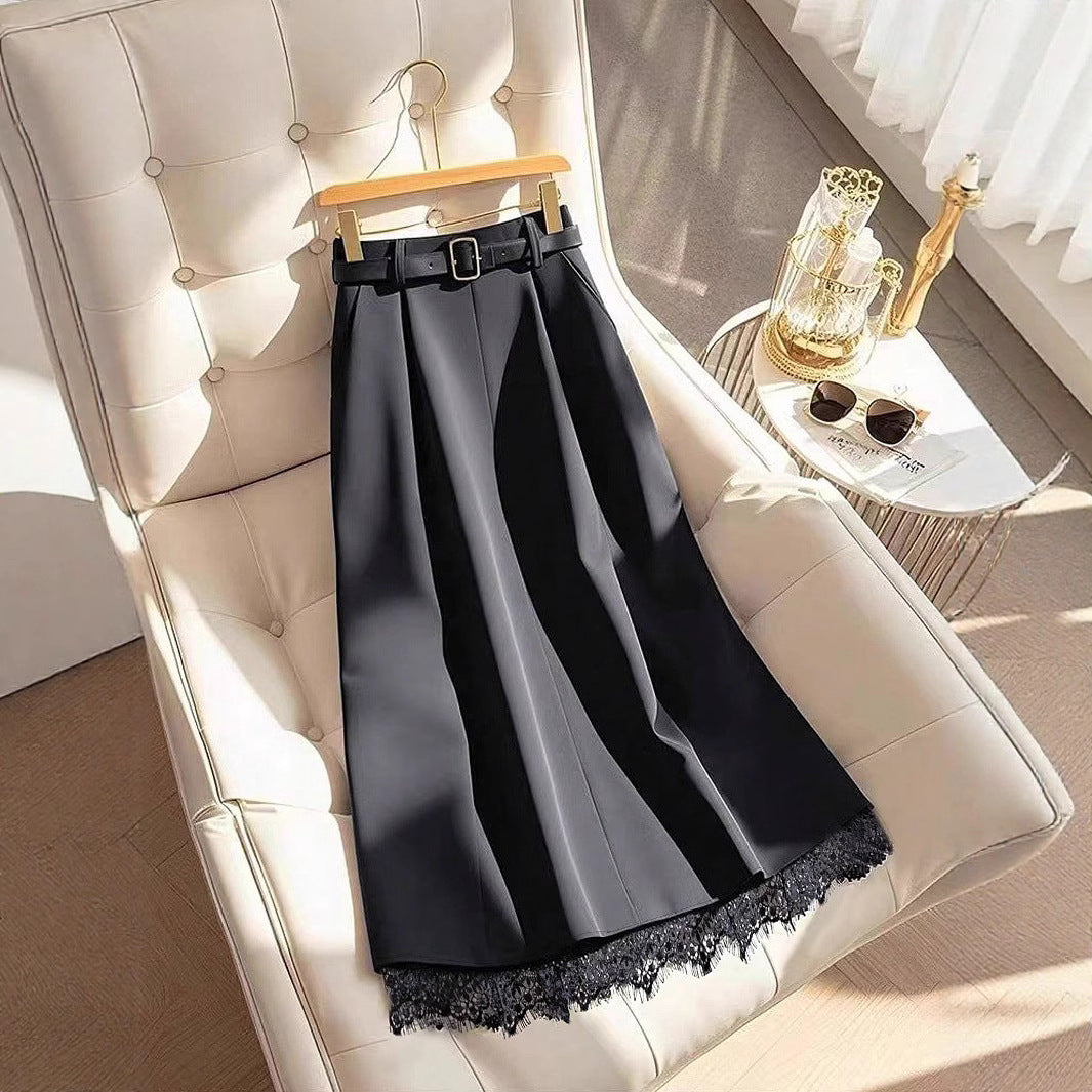 Damen Midirock mit Plisseefalten, hoher Taille, Taillengürtel und Spitzenbesatz – Avérine