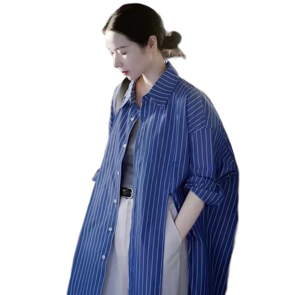 Damen Longline-Hemd mit Nadelstreifen, Oversize-Silhouette und verlängertem Saum – Maréline
