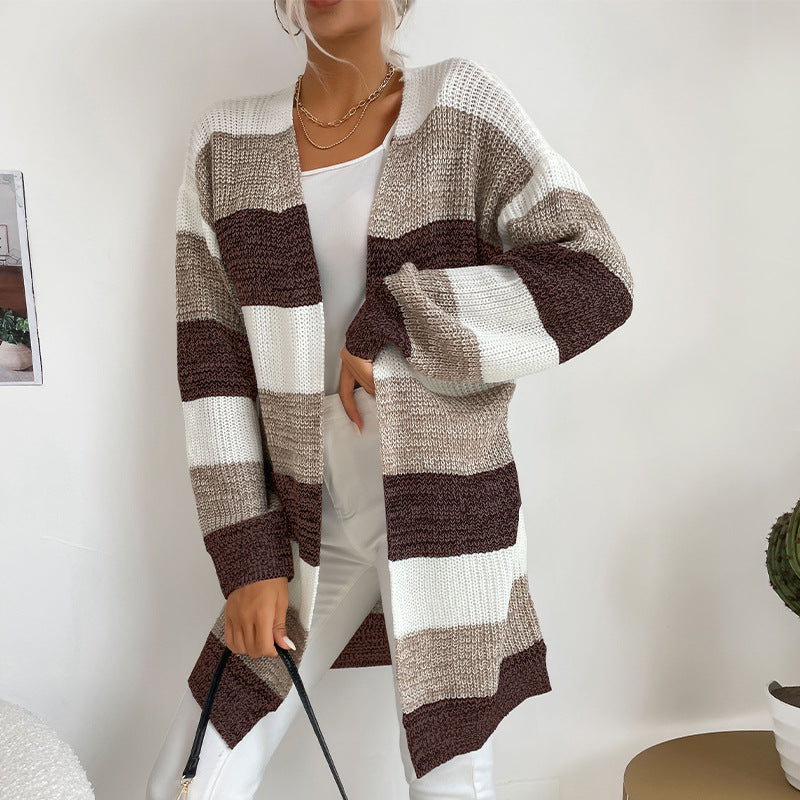 Damen Langer Oversize-Strickcardigan mit Blockstreifen und offener Front – Veloura