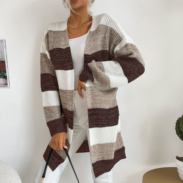 Damen Langer Oversize-Strickcardigan mit Blockstreifen und offener Front – Veloura