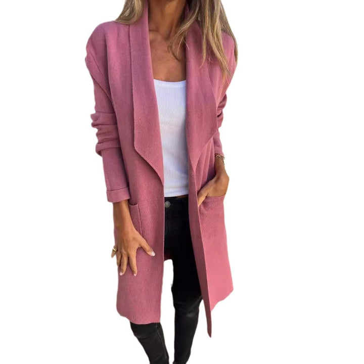 Damen Offener Longcardigan-Mantel mit Schalkragen und Eingrifftaschen – Veloura