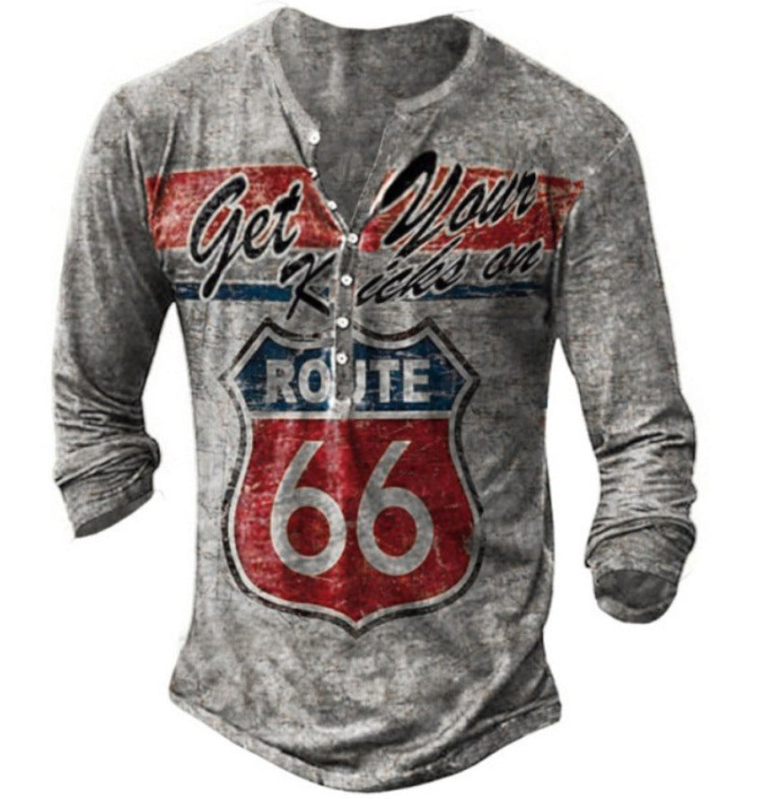 Herren Langarm-Henley-Shirt mit kreativem Vintage-route-66 Druck und hochwertigem Baumwollmix Echoarchiv