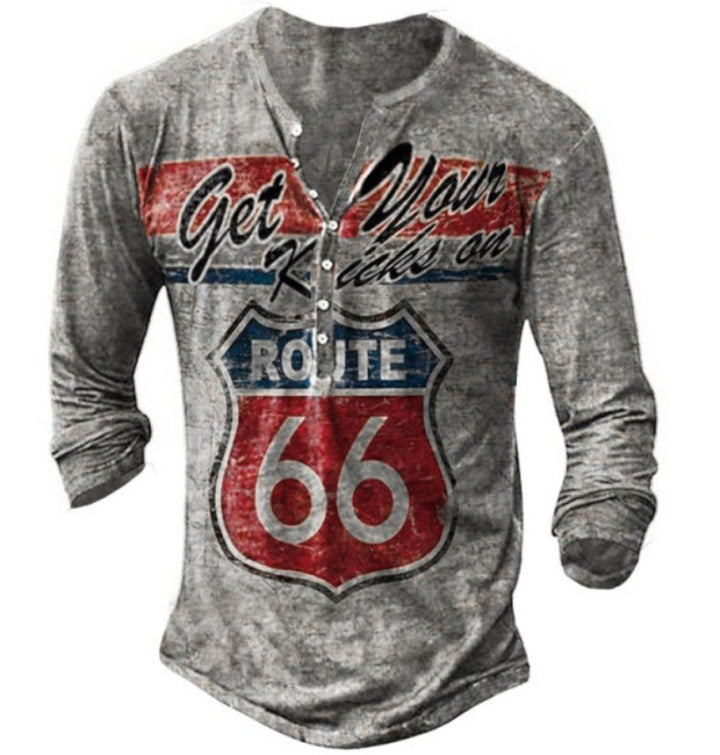 Herren Langarm-Henley-Shirt mit kreativem Vintage-route-66 Druck und hochwertigem Baumwollmix Echoarchiv
