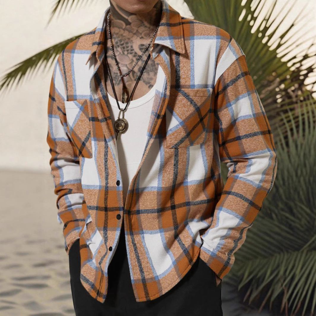 Herren Lässige Flanell Hemdjacke mit Karomuster und Brusttasche Echoarchiv