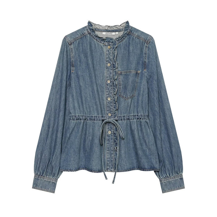 Damen taillierte Blusenjacke in Jeansoptik mit Rüschenkragen und Tunnelzug Echo Archiv