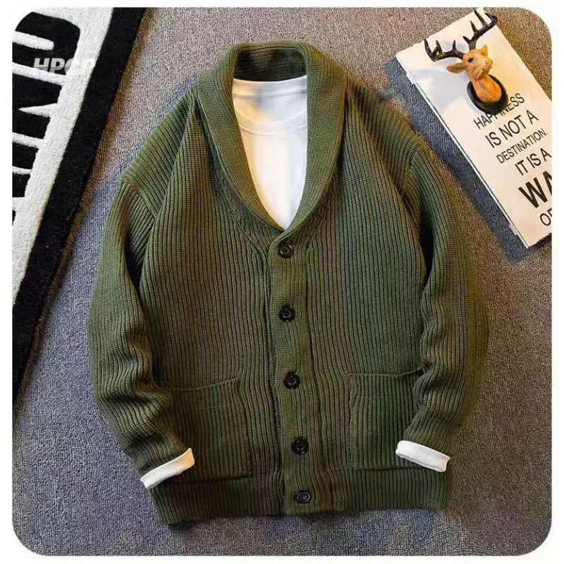 Herren Schalkragen-Cardigan aus grobem Rippstrick mit Taschen & Knopfleiste Echoarchiv