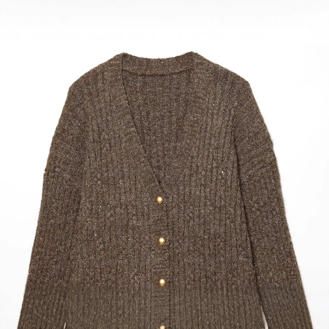 Damen Grobgestrickter V‑Neck Cardigan mit Perlmuttknöpfen und melierter Tweedoptik Echo Archiv