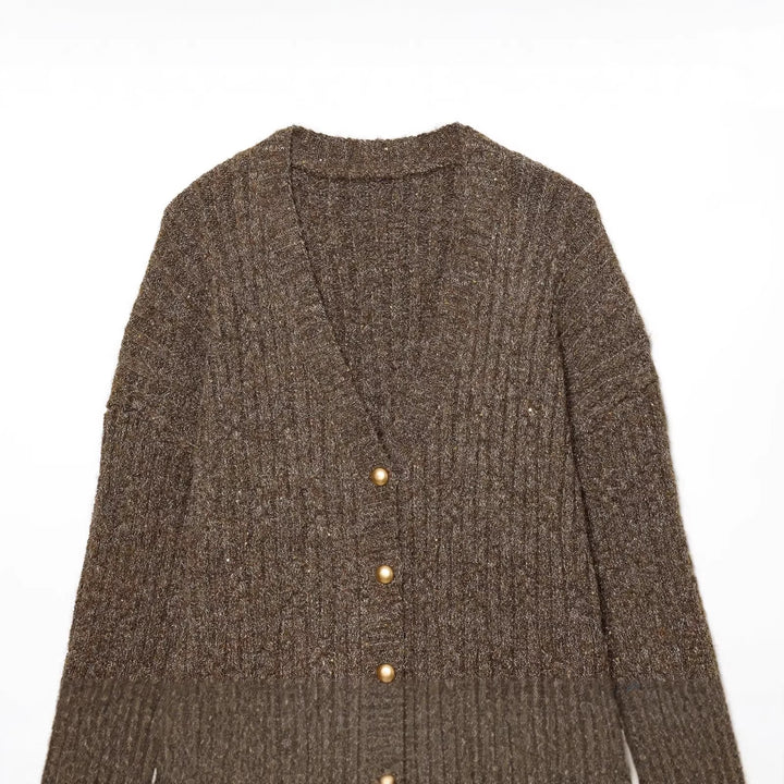 Damen Grobgestrickter V‑Neck Cardigan mit Perlmuttknöpfen und melierter Tweedoptik Echo Archiv