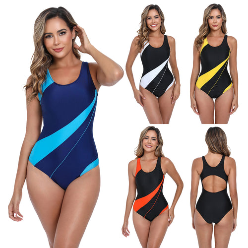 Damen Sportlicher Einteiler Badeanzug mit modernem Wellenmuster Echo Archiv
