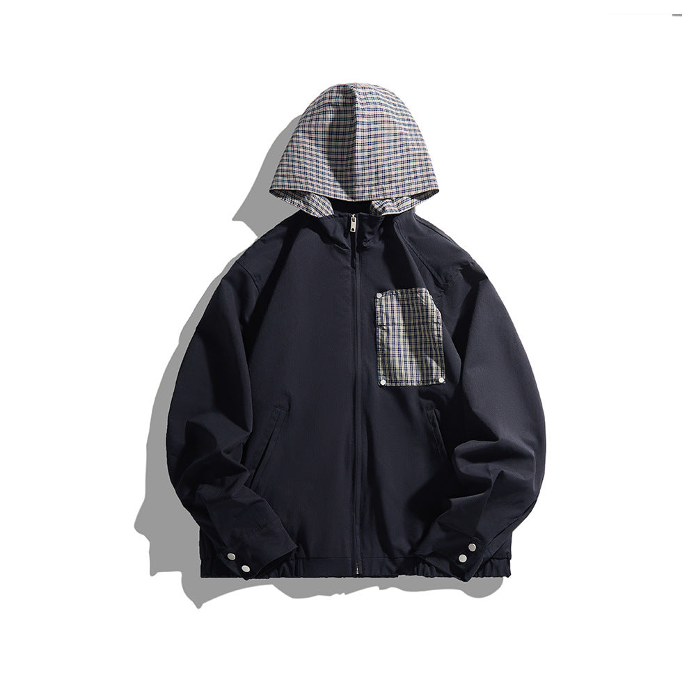 Unisex Leichte Kapuzen-Übergangsjacke mit Karopatch-Brusttasche und elastischem Saum Echoarchiv