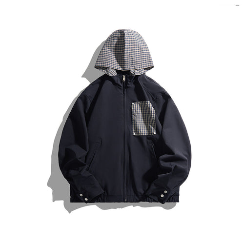 Unisex Leichte Kapuzen-Übergangsjacke mit Karopatch-Brusttasche und elastischem Saum Echoarchiv