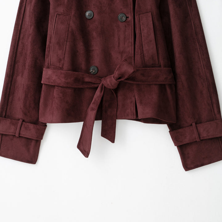 Damen Velours‑Trenchjacke mit hohem Funnelkragen und Bindegürtel Echoarchiv