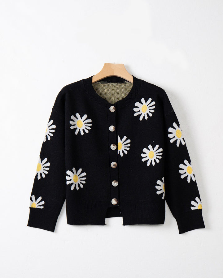 Damen Oversize-Strickcardigan mit Blumenapplikation, Perlmuttknöpfen und Wellensaum Echo Archiv