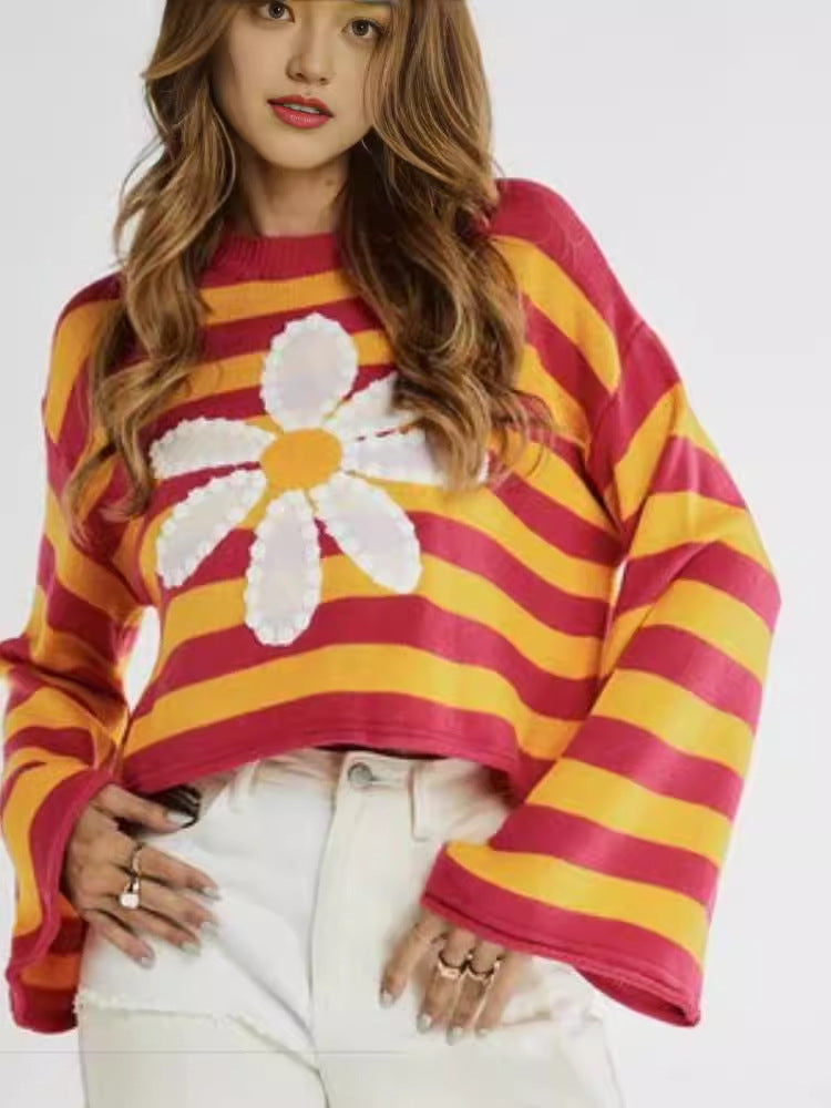 Damen Modischer gestreifter Crop-Pullover mit Blumenmuster – Mavelle