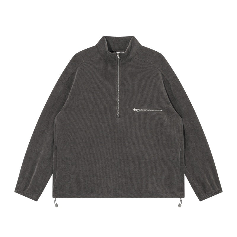 Unisex Oversize Halbzip-Pullover aus Cord‑Mix mit Brust-Reißverschlusstasche und Kordelzugsaum Echoarchiv