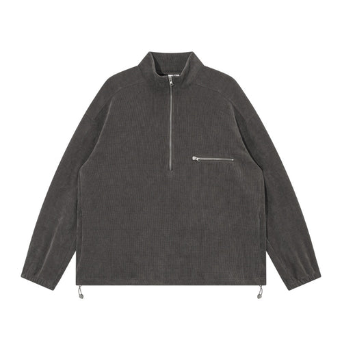 Unisex Oversize Halbzip-Pullover aus Cord‑Mix mit Brust-Reißverschlusstasche und Kordelzugsaum Echoarchiv