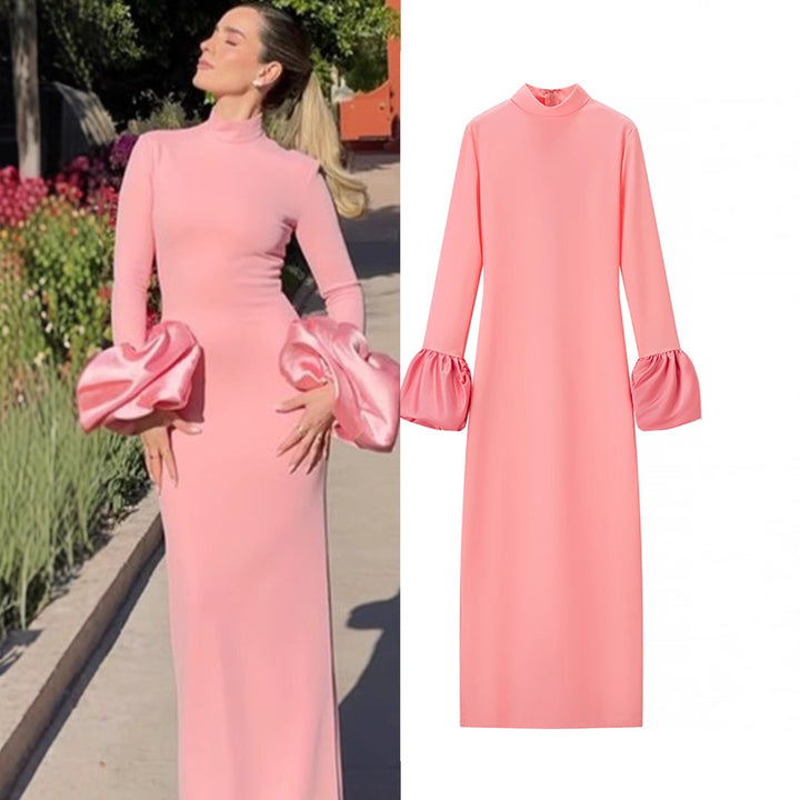 Damen Maxikleid mit Stehkragen und gerafften Volantärmeln Echo Archiv