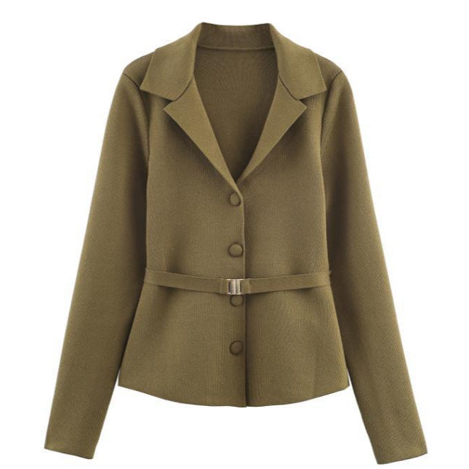 Damen Taillierter Strickblazer mit Reverskragen, verdeckter Knopfleiste und Filigranem Taillengürtel Echoarchiv