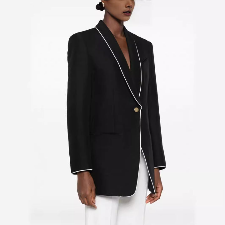 Damen Oversize-Blazer im Smokingstil mit kontrastierender Paspelierung und Ein-Knopf-Front Echoarchiv