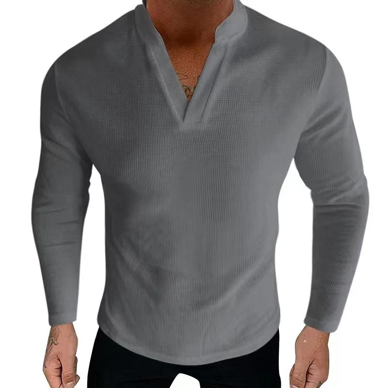 Herren Langarm-Henley-Shirt aus strukturiertem Baumwollstoff mit modernem V-Ausschnitt Echoarchiv