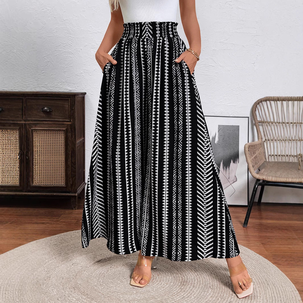 Damen Weite Palazzo-Hose mit hohem Smockbund, Seitentaschen & grafischem Streifenmuster – Avérine
