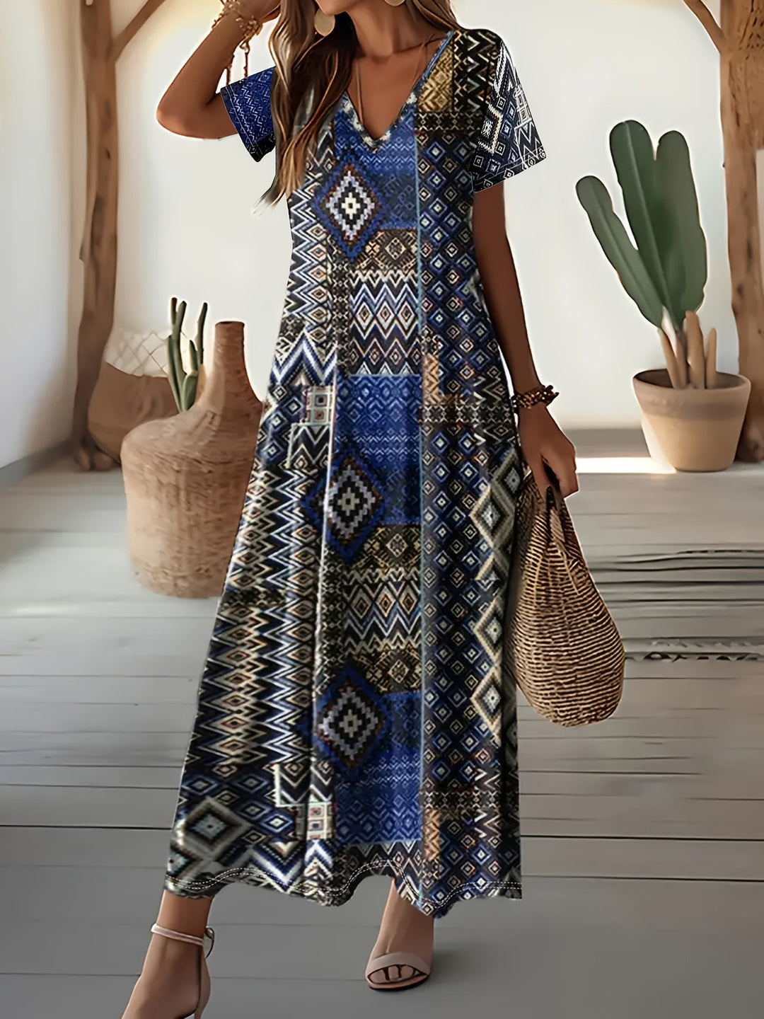 Damen Maxikleid mit geometrischem Muster und V-Ausschnitt Echo Archiv