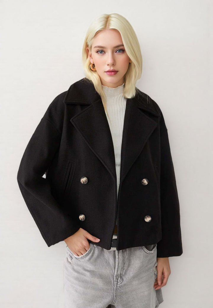 Damen nan kurzes doppeltreihiges Wollmix-Manteljacke im Boxy-Cut mit weitem Reverskragen Echo Archiv