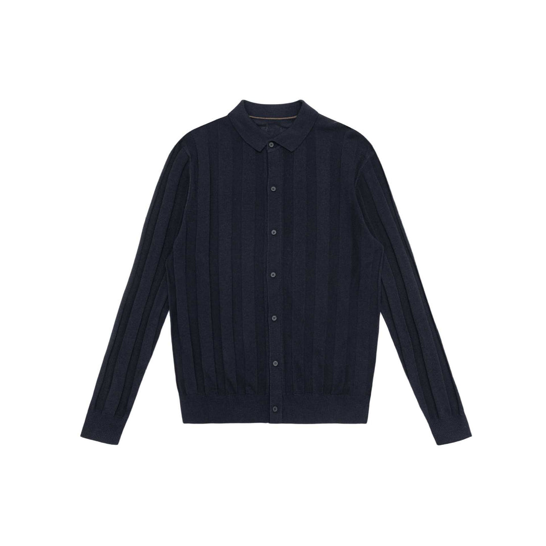 Unisex Feinstrukturierte Strick-Hemdjacke mit Polokragen und senkrechter Rippenstruktur Echoarchiv