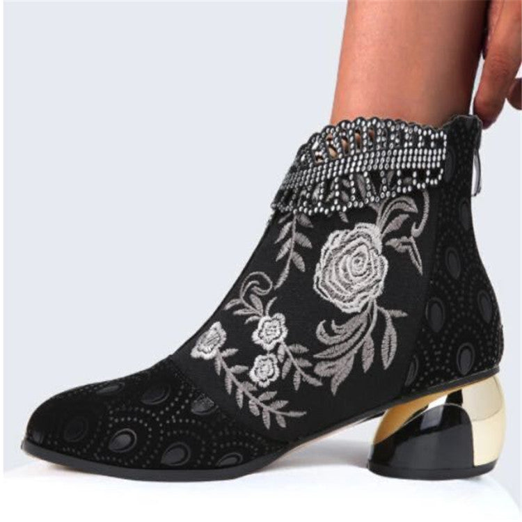 Damen nan bestickte Ankle-Boots mit Samteinsatz Perlenbesatz und skulptiertem Blockabsatz Echo Archiv